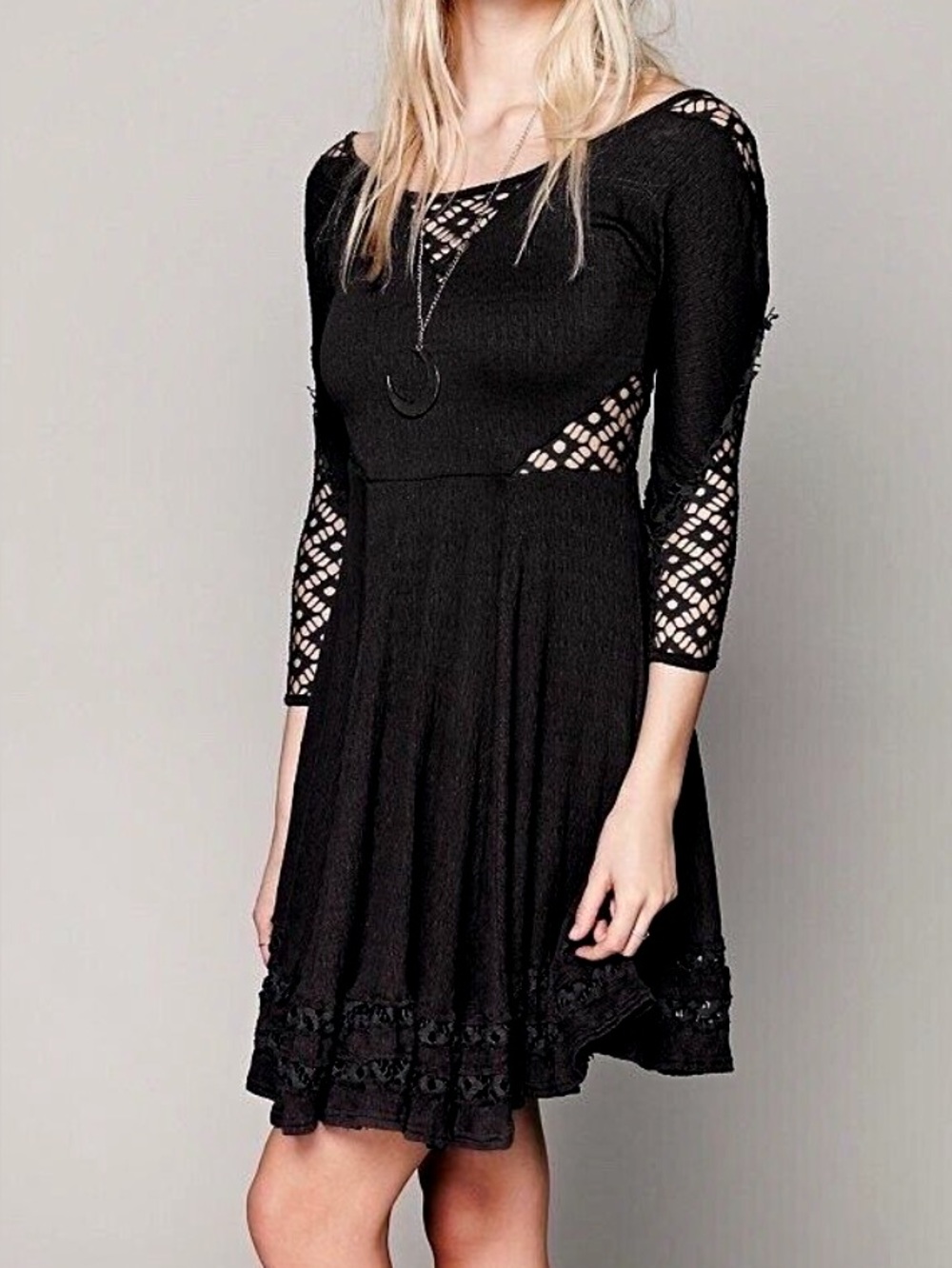 FREE PEOPLE TO THE POINT LACE INSET FIT & FLARE MINI DRESS BLACK